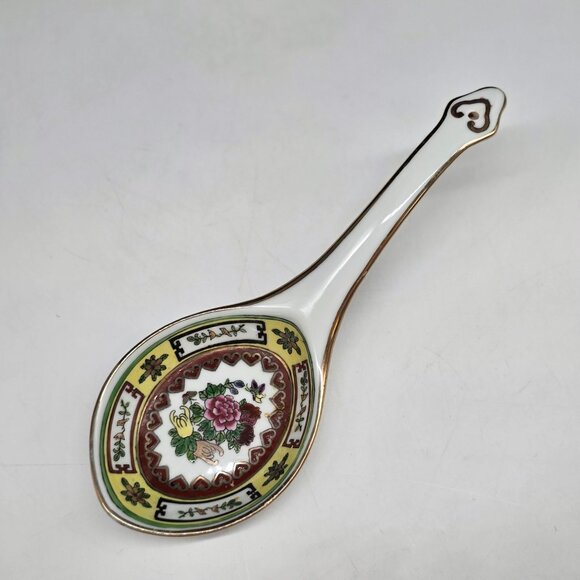 Chinese Porcelain Serving Spoon Floral Butterfly Heart Design Gold Trim 9" - Picture 3 of 8